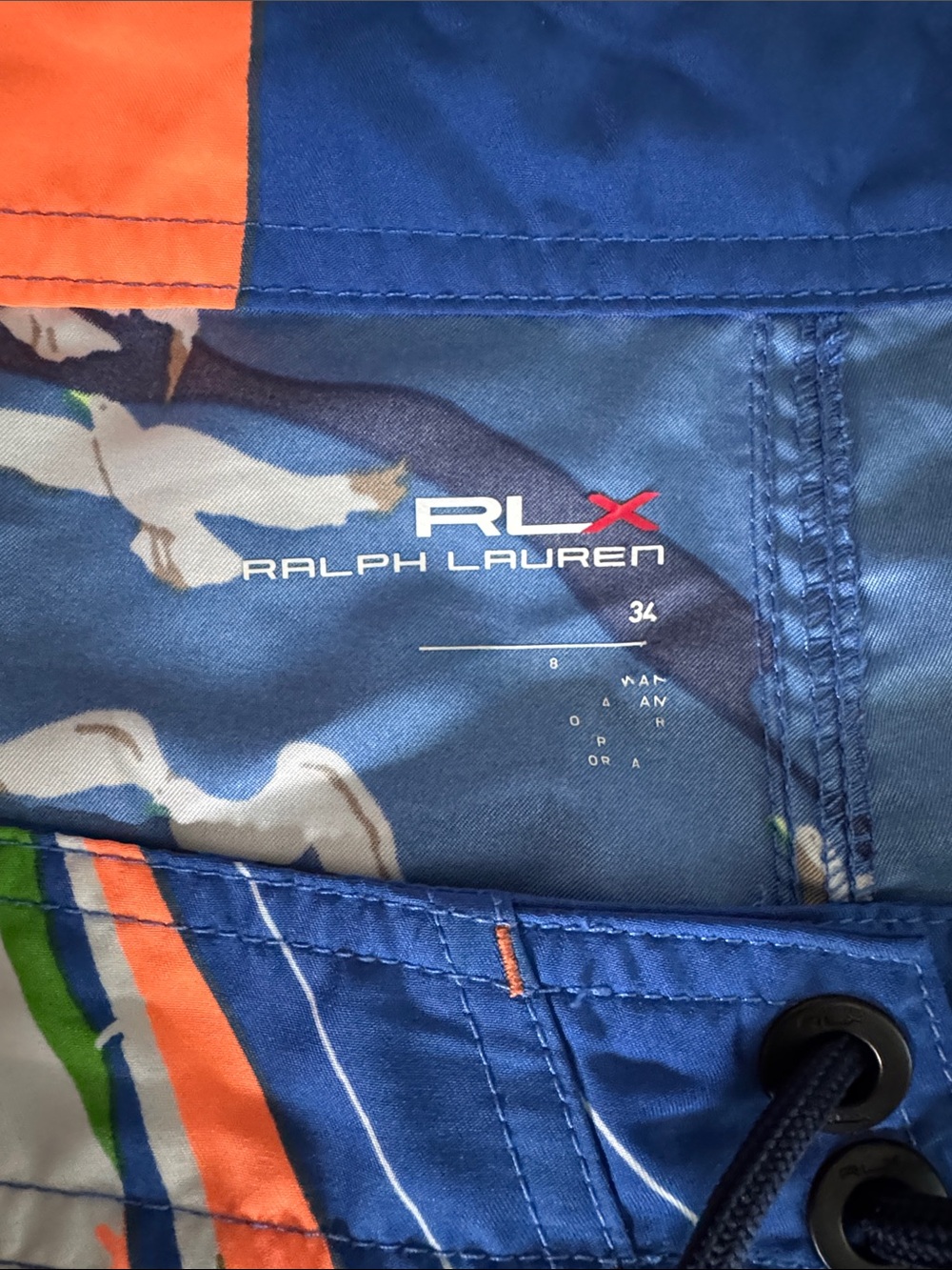 Ralph Lauren RLX Sailboat-Print Swim Board Shorts with Orange & Green Accents - Picture 3 of 15